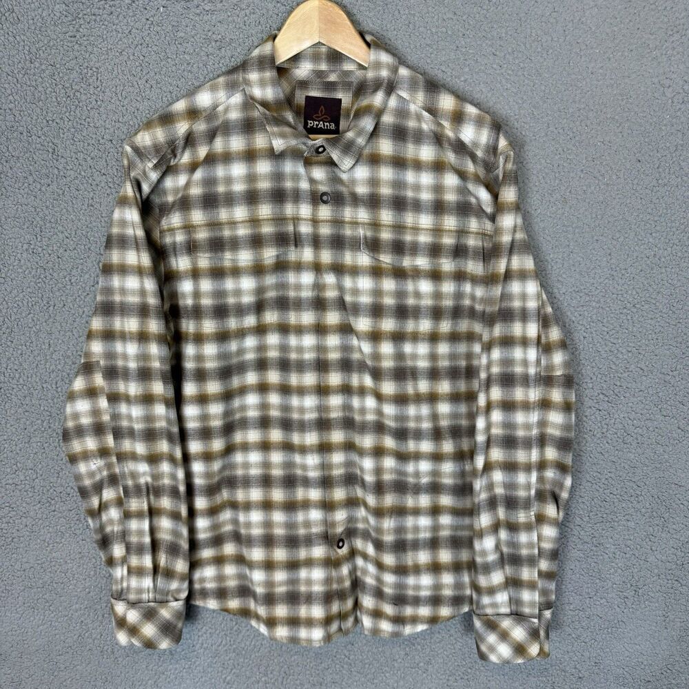 S Prana Shirt Mens Large Brown Plaid Long Sleeve Snap Button Up Pockets